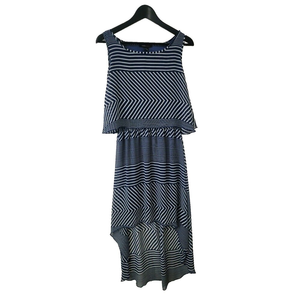 Robert Louis Womens Tiered Sleeveless High Low Dress Size M Navy Blue Stripes